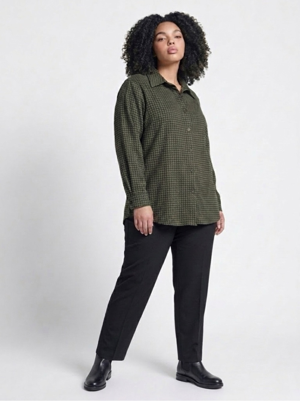 Olive Green Houndstooth Button-Up Shirt Shacket